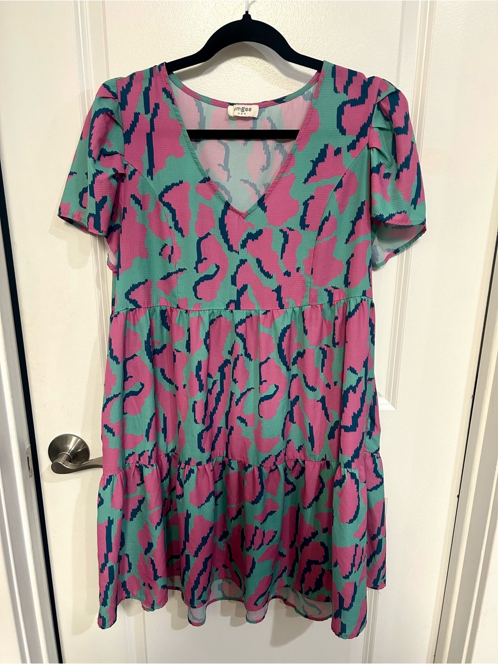 Umgee Pink and Teal Animal-Print Tiered V-Neck Dress